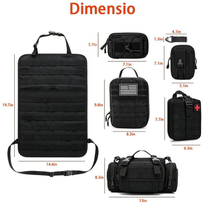 MOLLE Car Seat Back Organizer - 5 Detachable Pouches, 6 Keychains, Tactical Vehicle Panel Organizer for Jeep Truck SUV, Multipurpose Hanging Travel Gear Organizer, Universal Fit, Black