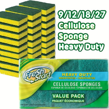 Non-Scratch Cellulose Sponge Dual-Sided with Tough Scouring Pad – Dishwashing Sponges for Kitchen, Dishes & Bathroom, Absorbent & Durable, Green or Blue, 9/12/18/27 Pack Value Sets