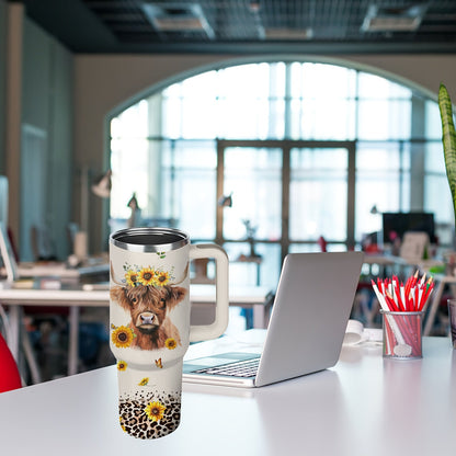 40oz Stainless Steel Tumbler with Handle and Lid - Cow Print Insulated Travel Cup for Hot & Cold Drinks, Double Wall Vacuum Tumbler for Camping, Sports & Outdoor Use, Cute Cow Lover Gift for Birthday & Holiday