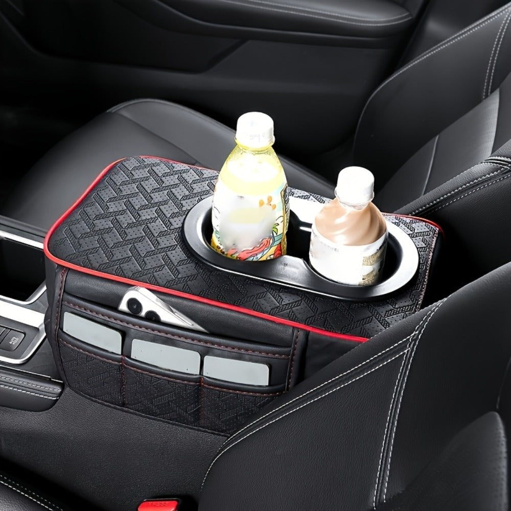 Car Center Console Cover PU Leather – Universal Armrest Box Mat with 2 Cup Holders & 2 Side Pockets, Phone & Card Storage, Fits Most Car Models, Optional Tissue Box