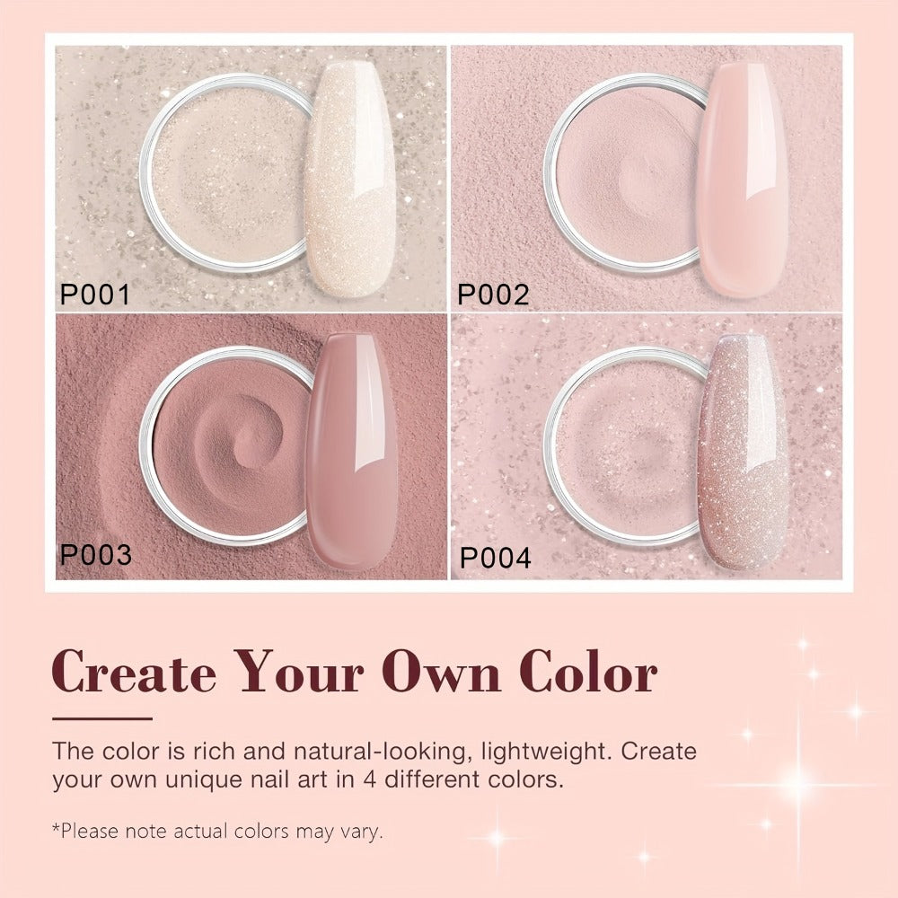 Nude Shimmer Dip Powder Nail Kit for Beginners 4 Colors with Base Coat Top Coat & Activator – Complete No Lamp Nail System for Home Salon DIY Nail Designs Gift for Women