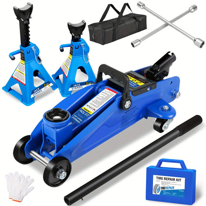 2/2.5/3 Ton Capacity, Jack Kit Low Profile Hydraulic Trolley Service/Floor Jack Combo, Multiple Meal Plans to Choose from 3 Ton Jack Stands 2PCS, Tire Repair Kit, 14-inch Wheel Cross Wrench, Wheel Chock, Jack Accessories Red/Blue