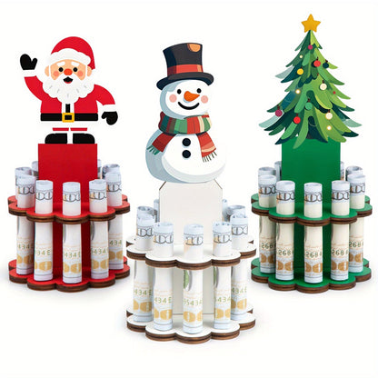Christmas Money Tree Holder 3-Pack – Wooden Bill Dispenser Ornament with 10 Slots, Holiday Money Gift Display Stand, Table Decor for Winter Party Favors Stocking Stuffers