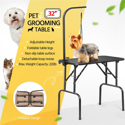 Pet Grooming Table Foldable with Height Adjustable Arm – Non-Slip Waterproof Surface, Folding Legs, Sturdy Metal Frame, Professional Dog Cat Beauty Trimming Table for Home & Salon