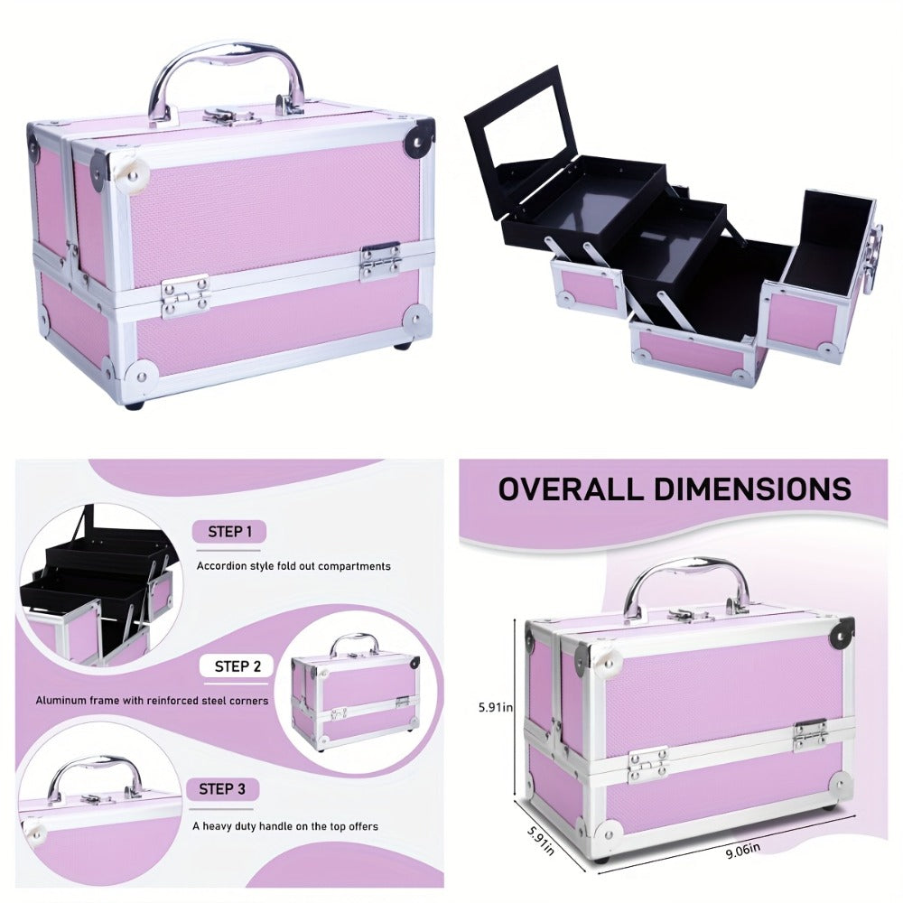 Lockable Aluminum Makeup Train Case with Extendable Trays Multi-Tier Professional Cosmetic Organizer — Portable Salon Travel Beauty Case with Lock Pink Rose Gold