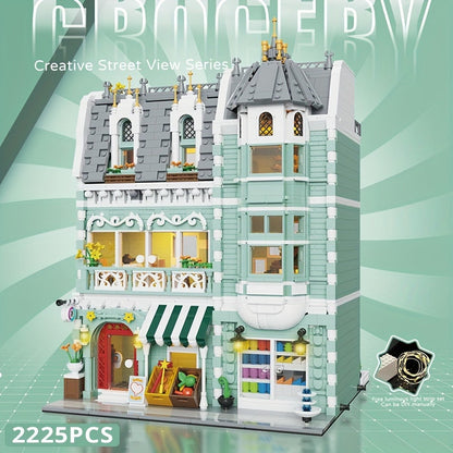 Modular City Building Blocks Set – European Architecture Grocery Store & Market Street, 3-Level Mini Brick Model Kit for Adults & Teens, Creative Assembly Home Decor Display Piece, Great Gift