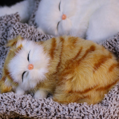 Stuffed Cat Plush Toy Realistic Sleeping Kitten with Meow Sound Soft Faux Fur Simulation Cat Doll Desk Decor Birthday Christmas Gift for Kids Cat Lovers