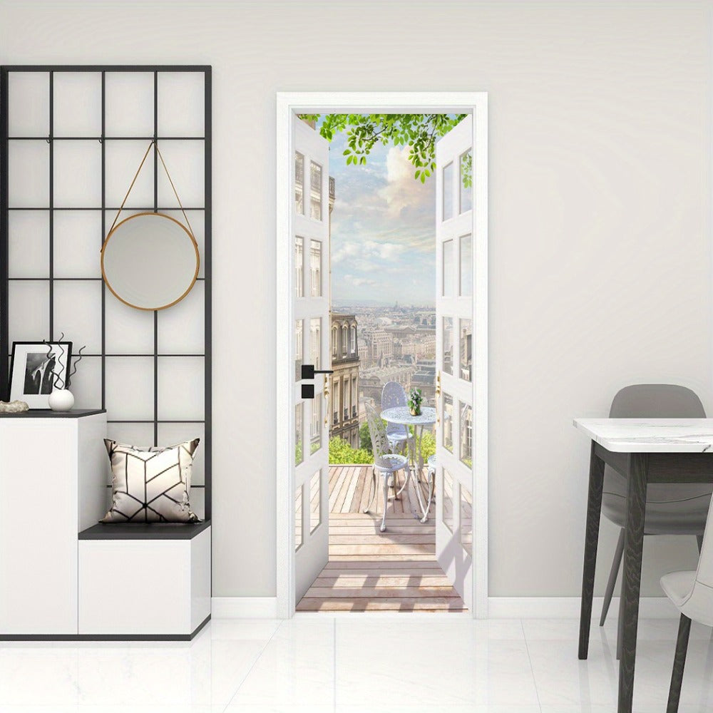 Door Sticker Balcony Scenery Wall Mural – Removable Waterproof Peel & Stick Large Wall Art for Bedroom & Living Room, Faux Window View Home Decor, 35.43 x 78.74 Inches