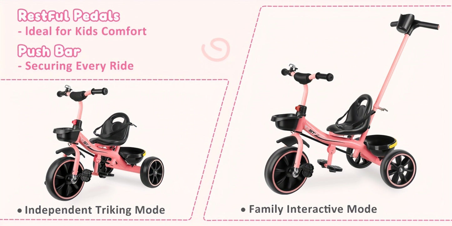 Push Handle Tricycle for Toddlers Girls Pink – 3 Wheel Trike Ages 18-60 Months with Padded Backrest, Safety Belt, Adjustable Seat | Best Birthday Gift for Kids 1 2 3 4 5 Year Old