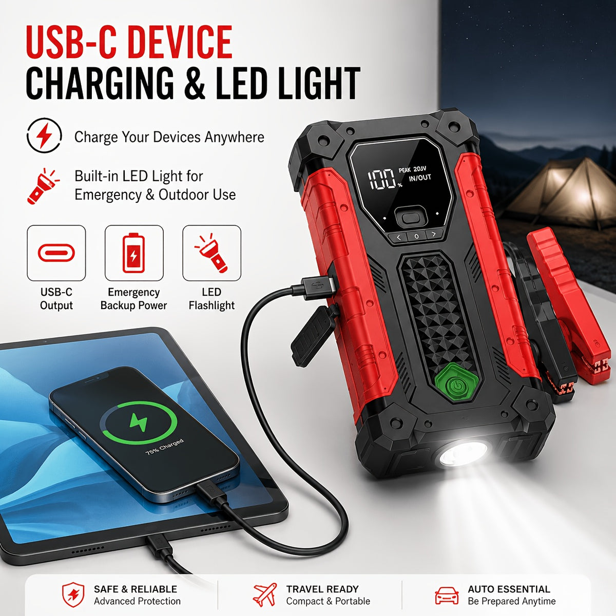 10000A 7-In-1 Multifunctional Emergency Jump Starter with 150PSI Air Pump, Digital Tire Inflator, Portable Car Battery Charger, Up to 2.64gal Gas/2.38gal Diesel, LED Emergency Light & USB Charging, Car Emergency Tool. Suitable As a Holiday Gift