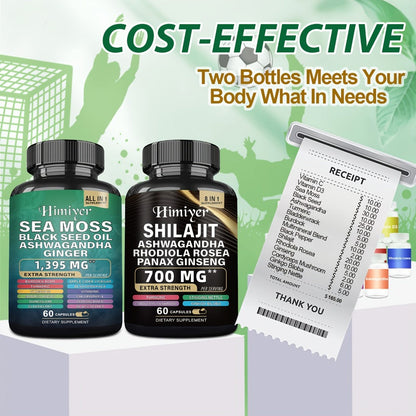 Sea Moss Shilajit Bundle 6-Pack 3-Month Supply with Black Seed Oil Ashwagandha Rhodiola Ginseng Ginger Turmeric - All-in-1 Adaptogen Complex for Energy Immunity & Vitality Men & Women