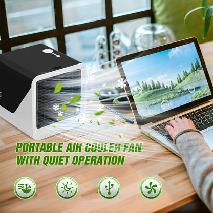 Portable Mini Air Conditioner Fan | Personal Evaporative Cooler with 3-Speed Settings & Timer, Quiet Desktop Cooling Fan for Room, Home, Office & Car Use – USB Powered, Compact Design