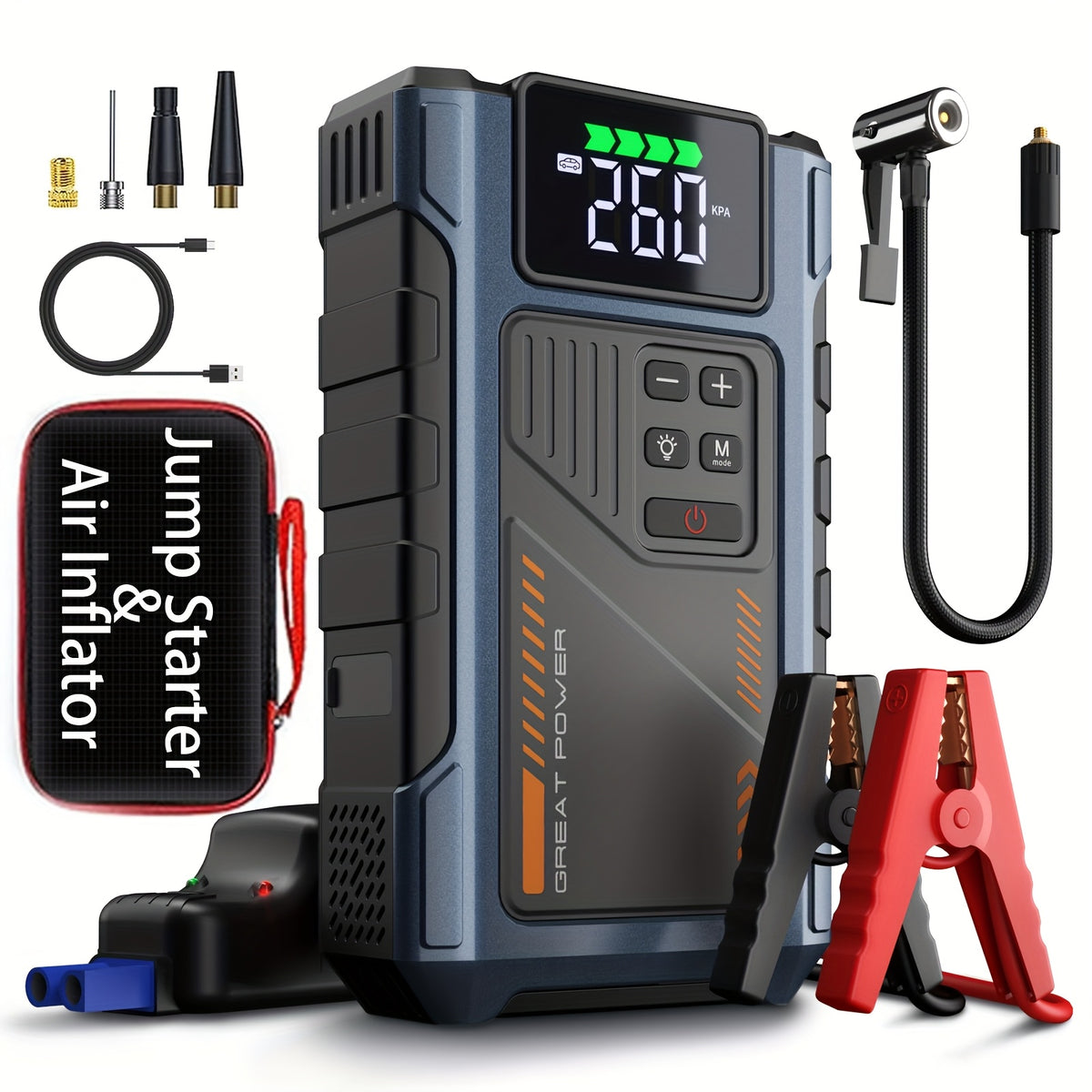 4000A Peak Car Jump Starter with Air Compressor, All-in-One Portable Battery Jump Starter & Tire Inflator, Suitable for 2.38 Gal Gas/ 1.98 Gal Diesel Engines, Car Battery Charger with LED Light & USB Power Bank Function, Car Jump Starter