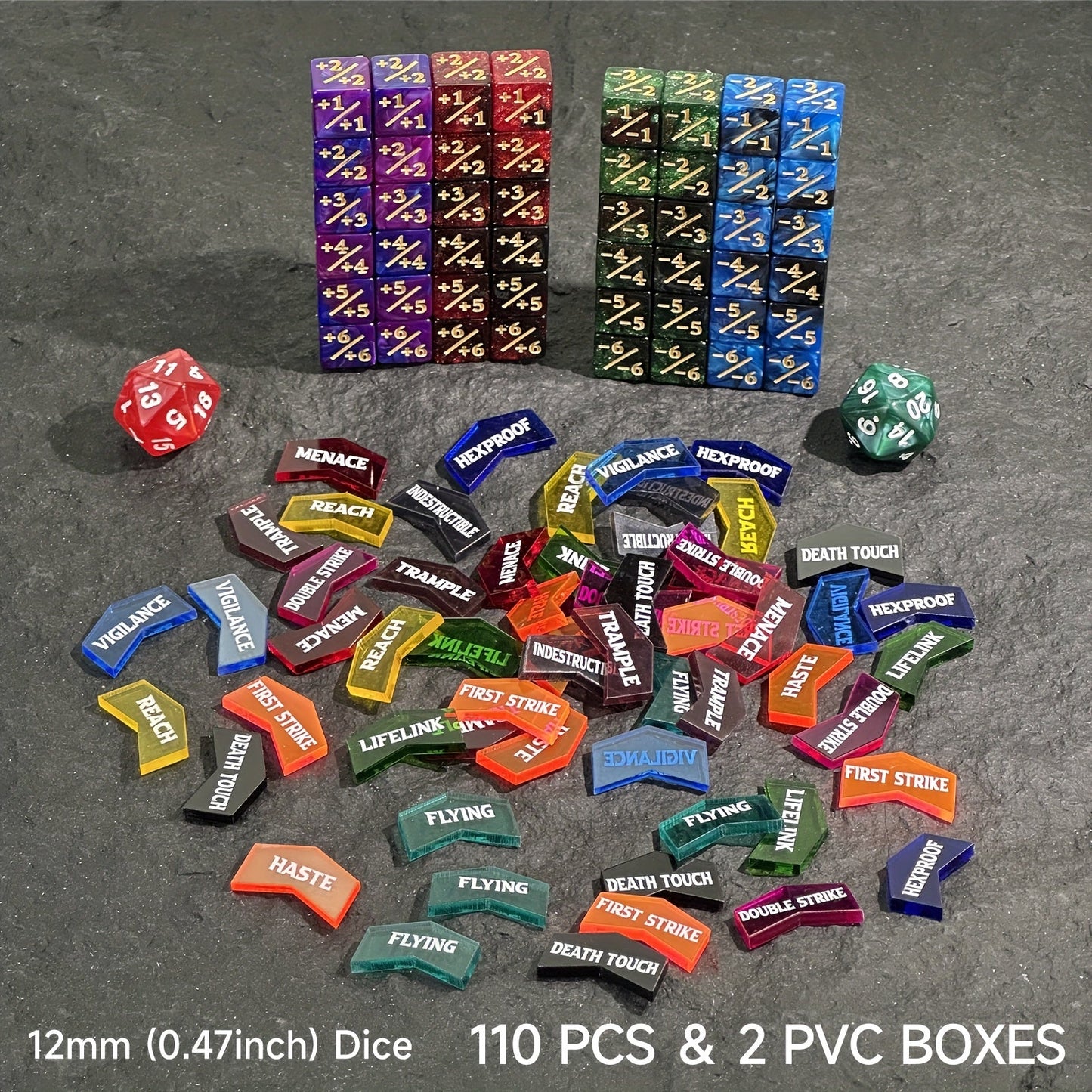 MTG Counter Dice Set 110pcs – 12mm 6-Sided +1/-1 Token Dice D20 & Keyword Counters Tokens for Magic the Gathering TCG Card Game Accessories Gift