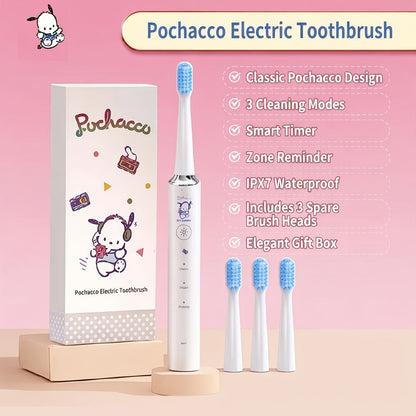 Sanrio Electric Toothbrush Hello Kitty & Pochacco - 4 Cleaning Modes, 4 Intensity Levels, 3 Replacement Brush Heads, 2-Minute Smart Timer, Cute Design Gift for Girls, Birthday, Graduation, Christmas