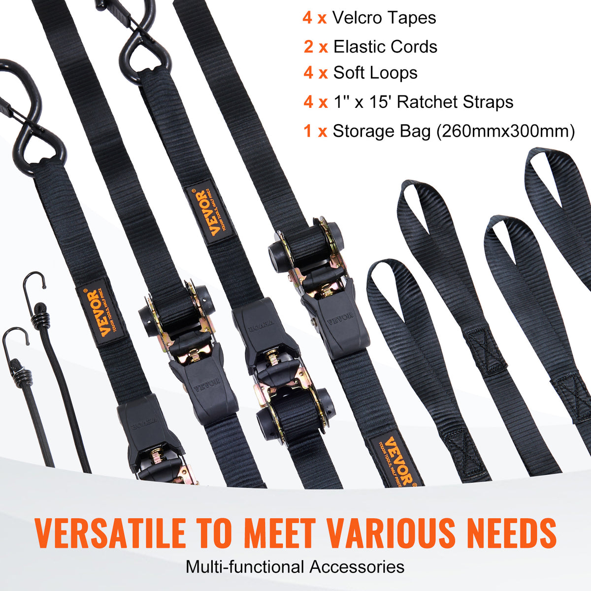 VEVOR Ratchet Tie Down Straps (4PK), 2200 lb Break Strength, 1" x 15' Heavy Duty Ratchet Tie Down Strap Set with Padded Handles, Coated S Hook, Soft Loop for Moving Appliances Motorcycle ATV Truck