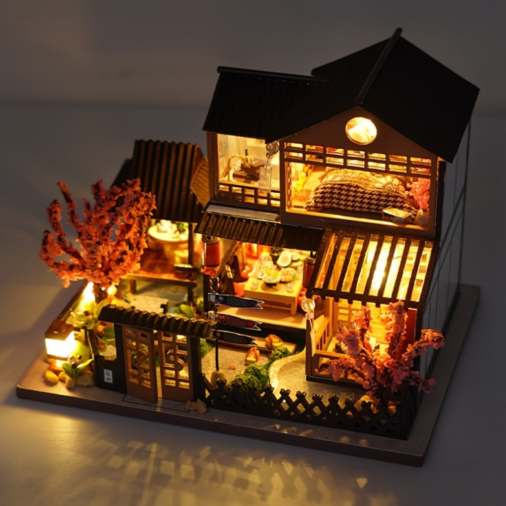 DIY Miniature House Kit – Sakura Garden Villa Wooden Dollhouse with Full Furniture & Accessories, Japanese Cherry Blossom Style, Creative Craft Gift for Adults Teens Women