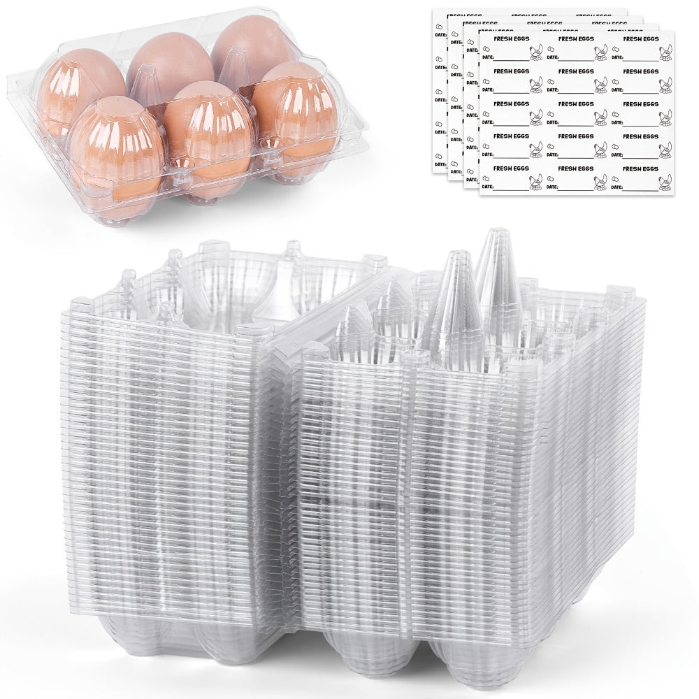 Plastic Egg Cartons, 60 Pack Clear 6-Cavity Reusable Egg Holders with 4 Label Stickers – Bulk Egg Carton Set for Home, Ranch, Chicken Farm, Market Display, Kitchen Storage and Refrigerator