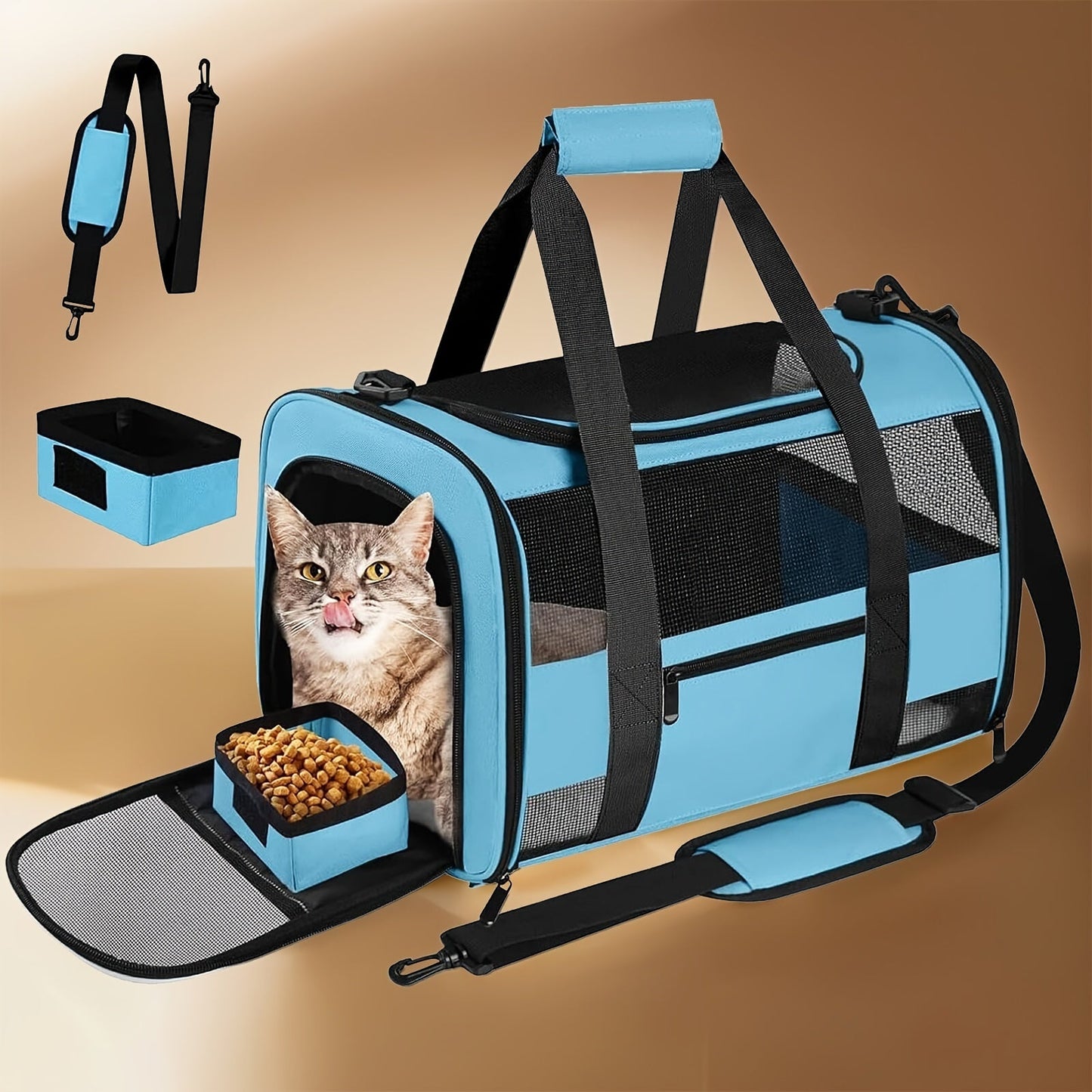 Airline Approved Soft-Sided Pet Carrier | TSA Collapsible Cat & Dog Travel Bag with Fleece Lining, Foldable Bowl, Mesh Ventilation, Safety Zippers, Shoulder Strap & ID Holder for Small Medium Pets