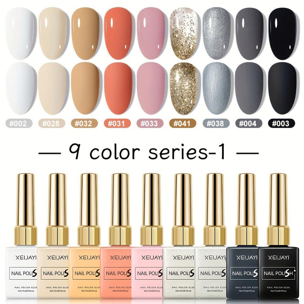Fall Winter Gel Nail Polish Set 9 Colors XEIJAYI Alcohol-Free LED Glossy - Long Lasting Salon Quality Multicolor Round Bottle Autumn Seasonal DIY Manicure Kit Holiday Nail Art Gift for Women