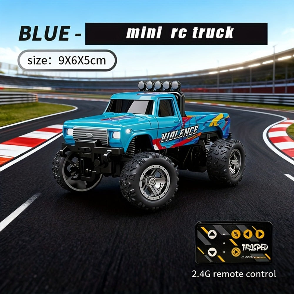 Mini RC Truck 1:64 Scale with Trailer – 2.4GHz Alloy Remote Control Monster Off-Road Pickup with LED Body Lights & Headlights, Rock Crawler Toy for Boys, Birthday Christmas Gift Green Gray Blue