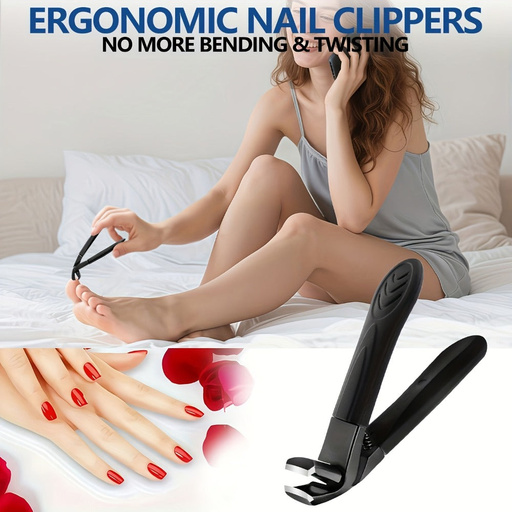 Heavy Duty Toenail Clipper Set 7pcs for Seniors Angled Curved Stainless Steel Blades Splash Guard Long Handle Nail File Pedicure Tool Kit Thick Nails