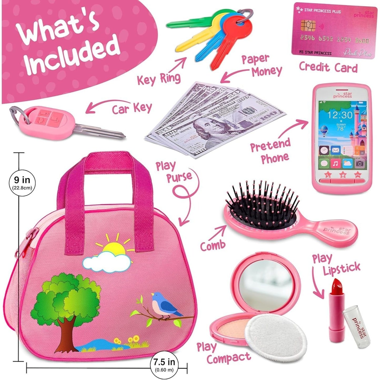 Girls Play Purse Set with Accessories 9pcs – Pretend Makeup, Toy Keys, Fake Phone & Credit Card | Toddler Dress Up Handbag Role Play Toy, Birthday & Christmas Gift for Little Girls Ages 3 4 5 6