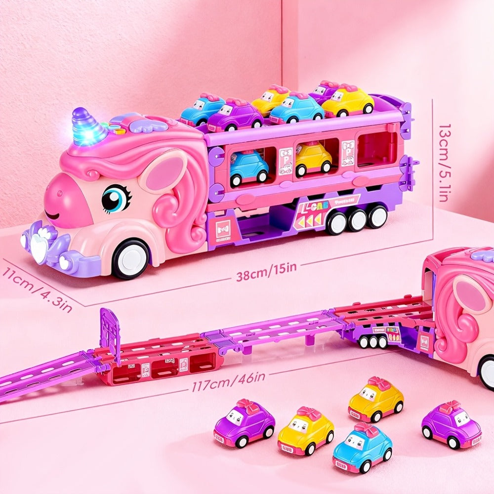 Pink Unicorn Monster Truck Track Set with 8 Princess Cars, Lights & Sounds – Friction Power 2-Player Fold-Out Track Toy for Girls Boys Ages 3+, Birthday Holiday Gift