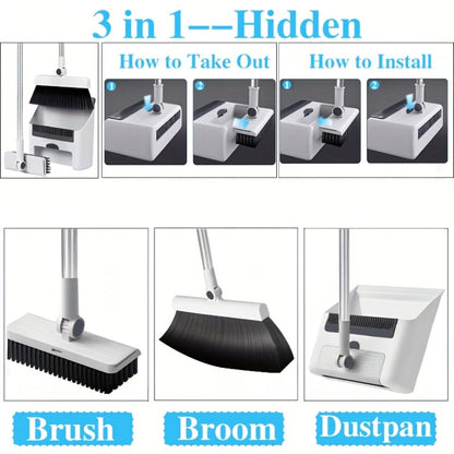 Broom and Dustpan Set with Long Handle - 2-in-1 3-in-1 4-in-1 Foldable Broom Dustpan Combo with Floor Brush for Home Office Dorm Room, Quick Dust Removal Household Cleaning Tool Set, White Pink Blue Orange Purple Grey