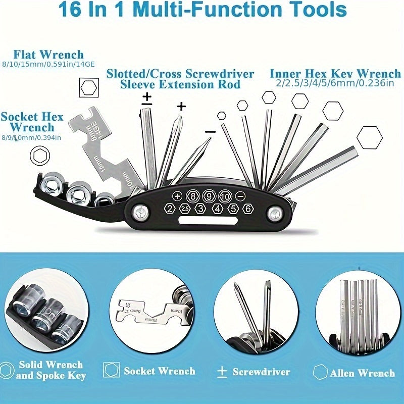 Set of Tools for Bicycle Repair, Including Multifunctional Tire Repair And Inflation Equipment, Along with a Folding Wrench Tool Kit