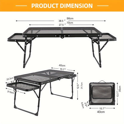 Portable Folding Camping Table with 2 Wingboards & Mesh Top – Height Adjustable Outdoor Grill Side Table for Picnic Barbecue Beach Backpacking, Lightweight Compact Folding Table with Carry Bag