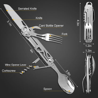 Portable Travel Cutlery Set – Removable Spoon, Fork & Knife with Bottle Opener – Compact Stainless Steel Utensils for Camping, Hiking, Picnic & Everyday Carry, Silver