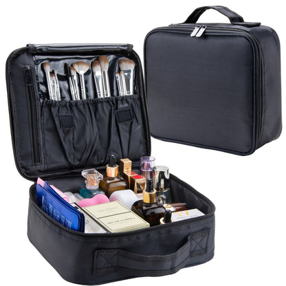 Large Makeup Bag for Women Travel Toiletry Case Durable Fabric Cosmetic Organizer Sturdy Handle Easy Clean Lining for Brushes Lipstick Skincare Beauty Storage Pouch Black 10.24x9.06 Inch
