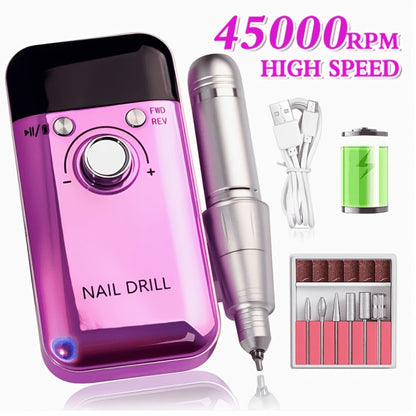Nail Drill 45000 RPM Rechargeable Professional Electric Nail File Kit with Drill Bits Sanding Bands Low Noise Portable Manicure Pedicure Polishing Set for Salon Home Women Nail Techs