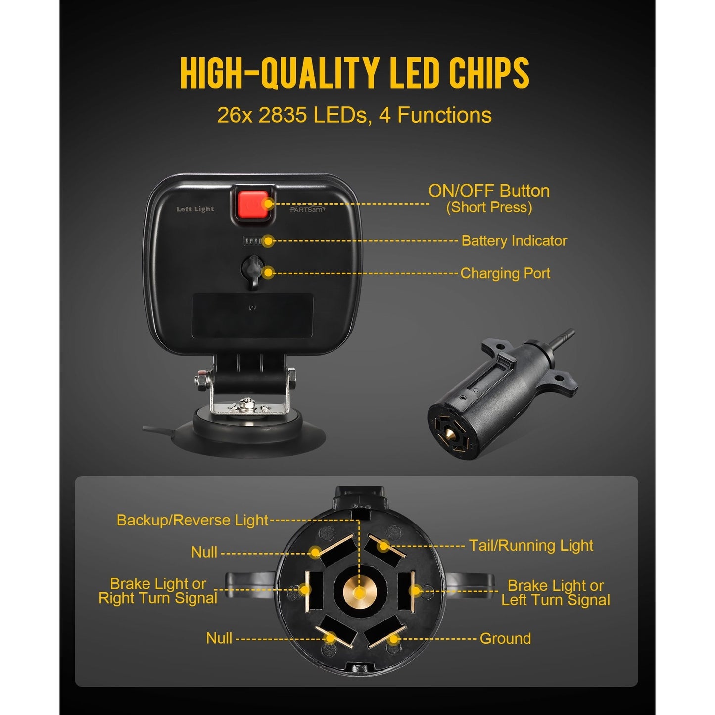 Wireless Magnetic LED Trailer Light Kit – 26 LED Towing Tail Light Stop Turn Brake Reverse, 7-Pin Plug 12-24V IPX5 Waterproof, 180° Rotatable, 100FT Range for Trucks Trailers