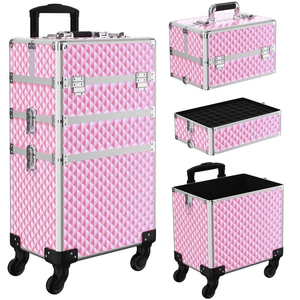 Rolling Makeup Train Case 3-in-1 Large Capacity Professional Cosmetic Trolley Swivel Wheels Lock Key Sponge Set Included Salon Barber Artist Travel Cart Trunk Black Pink