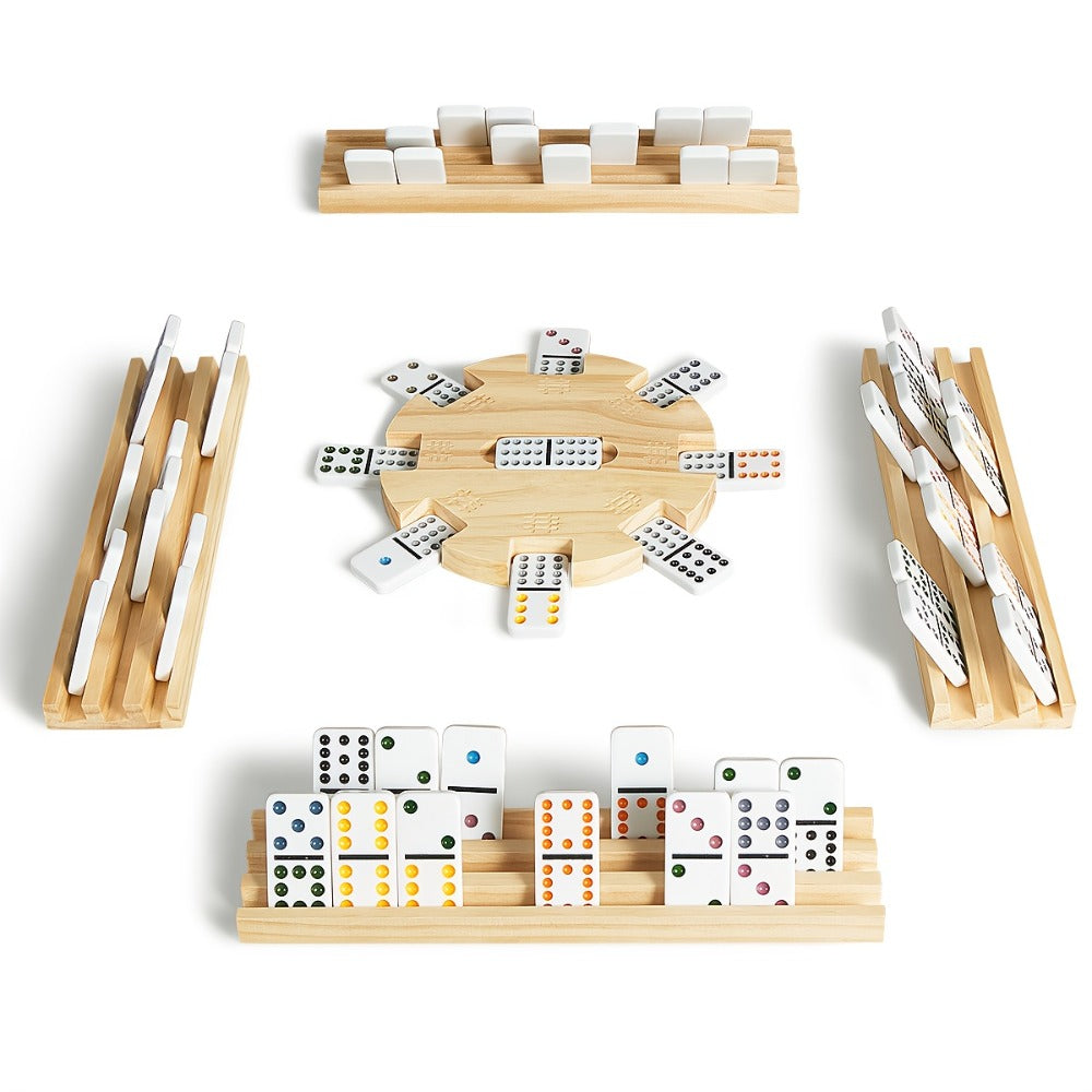 Mexican Train Dominoes Double 12 Set – 91 Colorful Tiles, 9 Metal Trains & 4 Wooden Racks, Complete Strategy Board Game with EVA Travel Case for Family Game Night, Adults & Kids, Classic Christmas & Holiday Gift