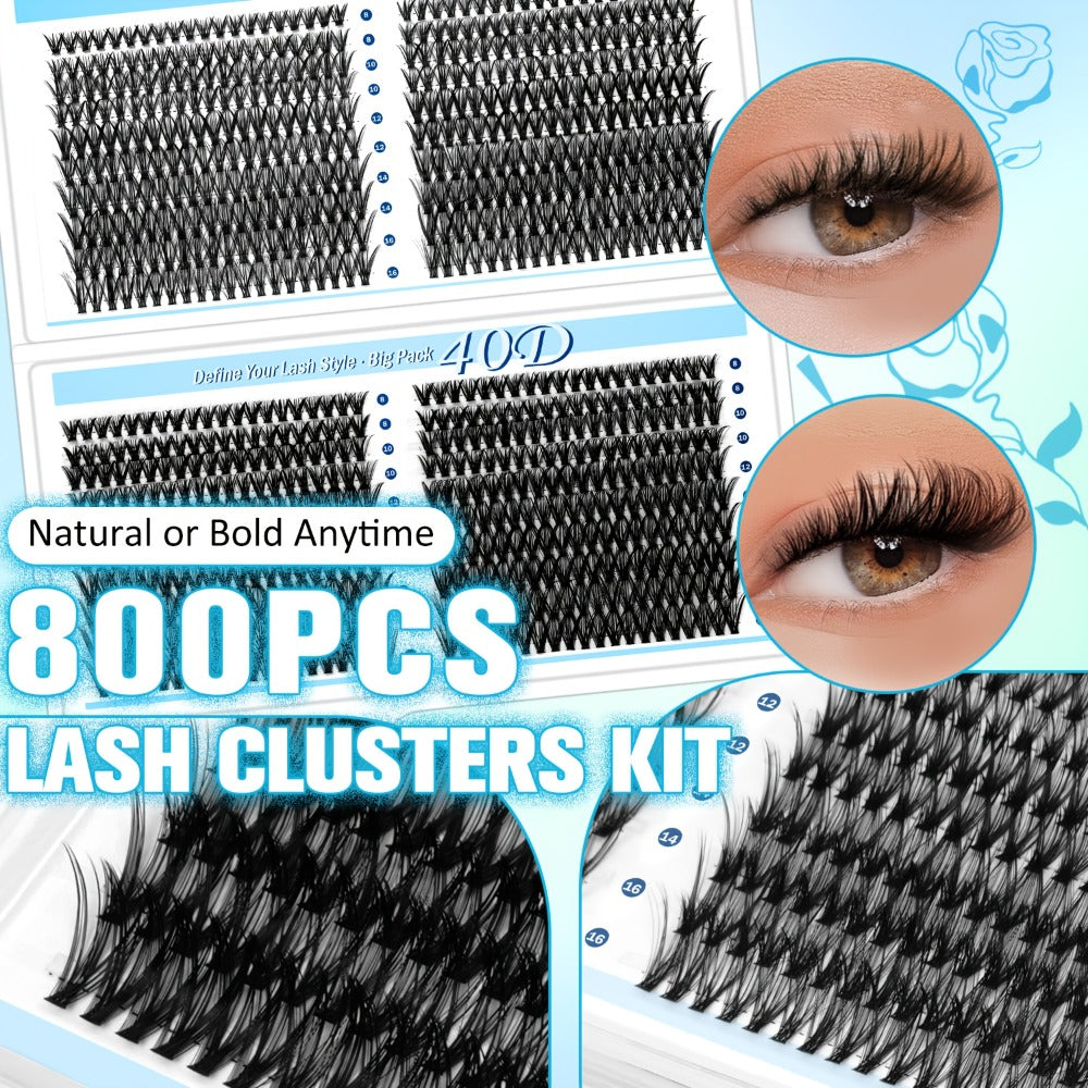 800Pcs Fluffy Wispy Lash Clusters Kit — 30D 40D Mixed Length 8-16mm DIY Eyelash Extensions with 2-in-1 Bond & Seal Glue and Tweezers, Natural Long-Lasting Cluster Lashes for Everyday Wear & Events