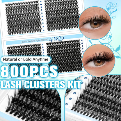 800Pcs Fluffy Wispy Lash Clusters Kit — 30D 40D Mixed Length 8-16mm DIY Eyelash Extensions with 2-in-1 Bond & Seal Glue and Tweezers, Natural Long-Lasting Cluster Lashes for Everyday Wear & Events