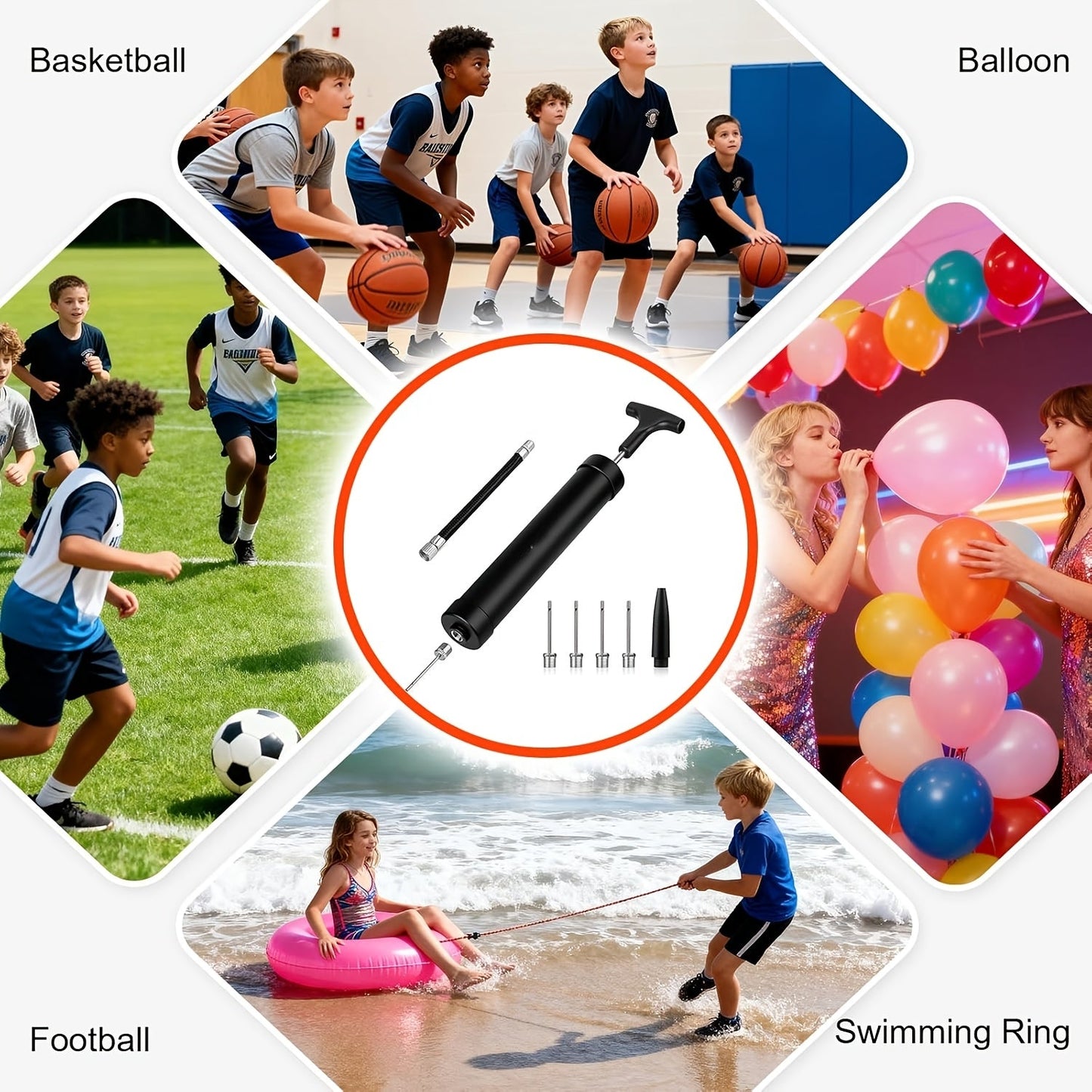 Portable Ball Pump Kit 8 Inch – Manual Air Pump with 5 Needles, Nozzle & Extension Hose for Basketball, Soccer, Football, Volleyball & Rugby – Compact Sports Ball Inflator, Black