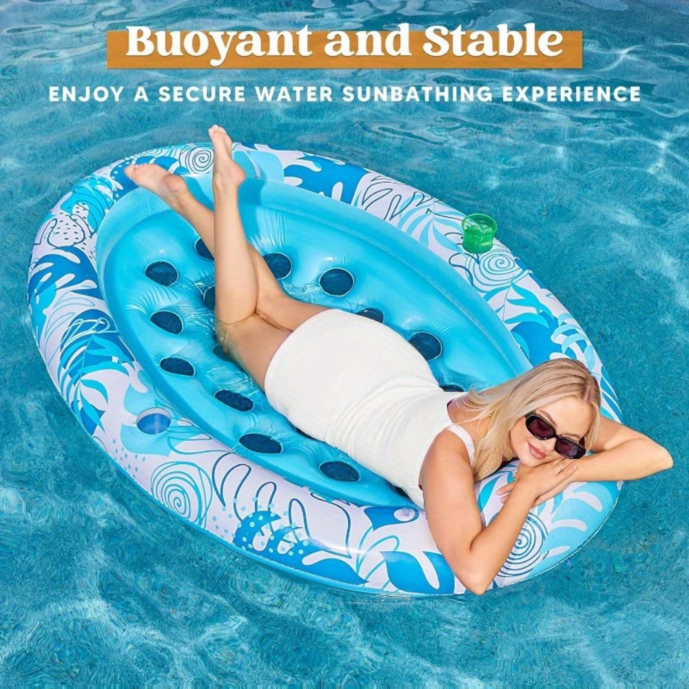 Oval Inflatable Pool Float Lounger for Adults – Tanning Raft with Removable Head & Back Support, Water Flow Vents & 2 Cup Holders | Sunbathing Lounge Float for Pool Lake Beach, Blue