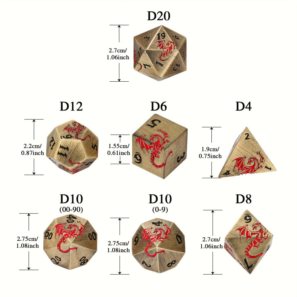 Dragon Metal Dice Set 7pcs Hand-Polished – Retro Carved Dragon Pattern Polyhedral DnD TTRPG RPG Dice with Dragon Storage Bag, D4 D6 D8 D10 D12 D20, Bronze Silver Black Blue White Cyan