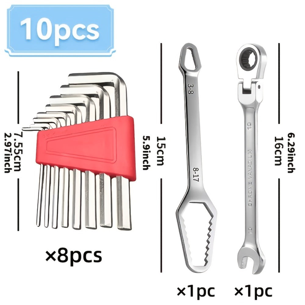 Wrench Set 10-Piece Multi-Function – 8 Hex Wrenches, Flare Wrench & 10mm Ratchet Wrench, Chrome Vanadium Steel, 180° Rotating Double-Ended 72-Tooth Precision Gear Design