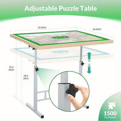 Jigsaw Puzzle Table with 4 Drawers 1500 Pieces – Adjustable Angle & Height 35"x26" Tilting Wood Board with Metal Legs, Ergonomic Puzzle Workstation for Adults Seniors Neck Back Pain Relief, Christmas Gift