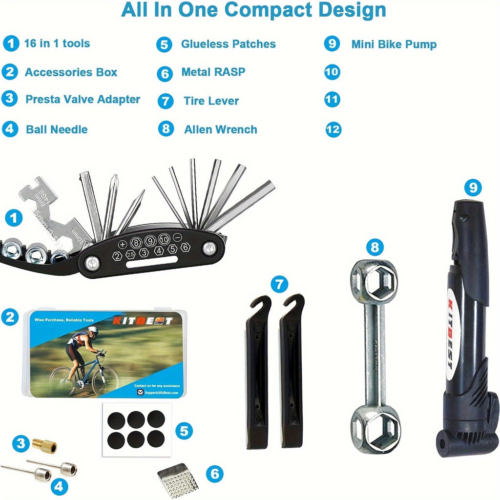Set of Tools for Bicycle Repair, Including Multifunctional Tire Repair And Inflation Equipment, Along with a Folding Wrench Tool Kit