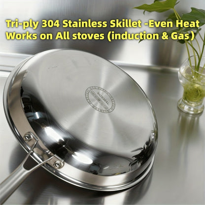 304 Stainless Steel Frying Pan Skillet - 3-Ply Base Even Heat Distribution, Induction & Gas Compatible, Rivet-Free Interior, Healthy Non-Toxic Cooking Cookware for Home Kitchen