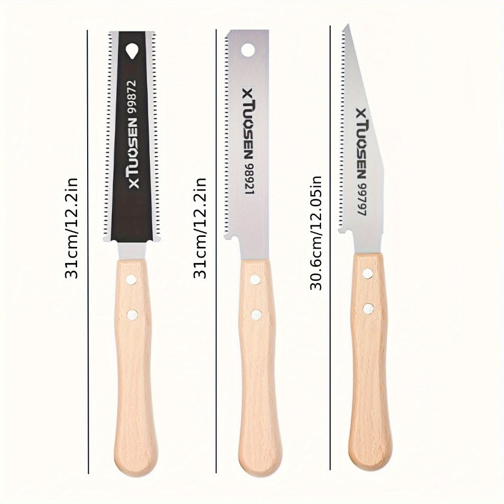 Japanese Pull Saw Set 3-Piece – Double-Sided Fine Teeth Curved Hardwood Hand Saw for Woodworking, Trimming & Precision Cutting, Double-Edged Flush Cut Saw for Pros & DIYers