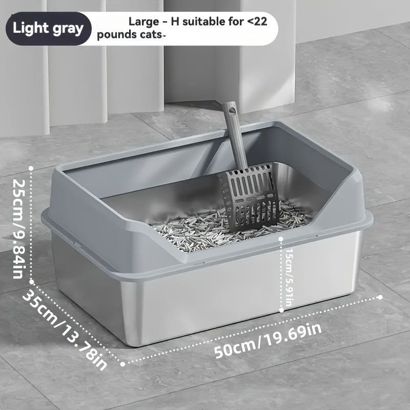 Oversized Stainless Steel Cat Litter Box with Lid – High Walls Non-Stick Leakproof, Includes Litter Scoop, XL & XXL in Khaki Gray Black
