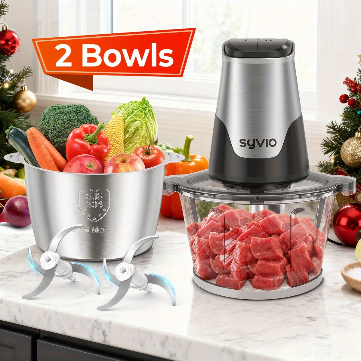 Mini Food Processor 450W with 2 Bowls – Electric Food Chopper, 4 Bi-Level Blades, Meat Grinder for Baby Food, Meat, Onion & Vegetables, 2 Speed