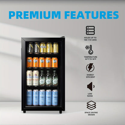 Beverage Refrigerator with Glass Door – Mini Fridge 2.0/3.5/4.0 Cu Ft, LED Lights, Adjustable Shelves, R600a Cooling for Beer, Wine & Drinks, Home, Office & Bar